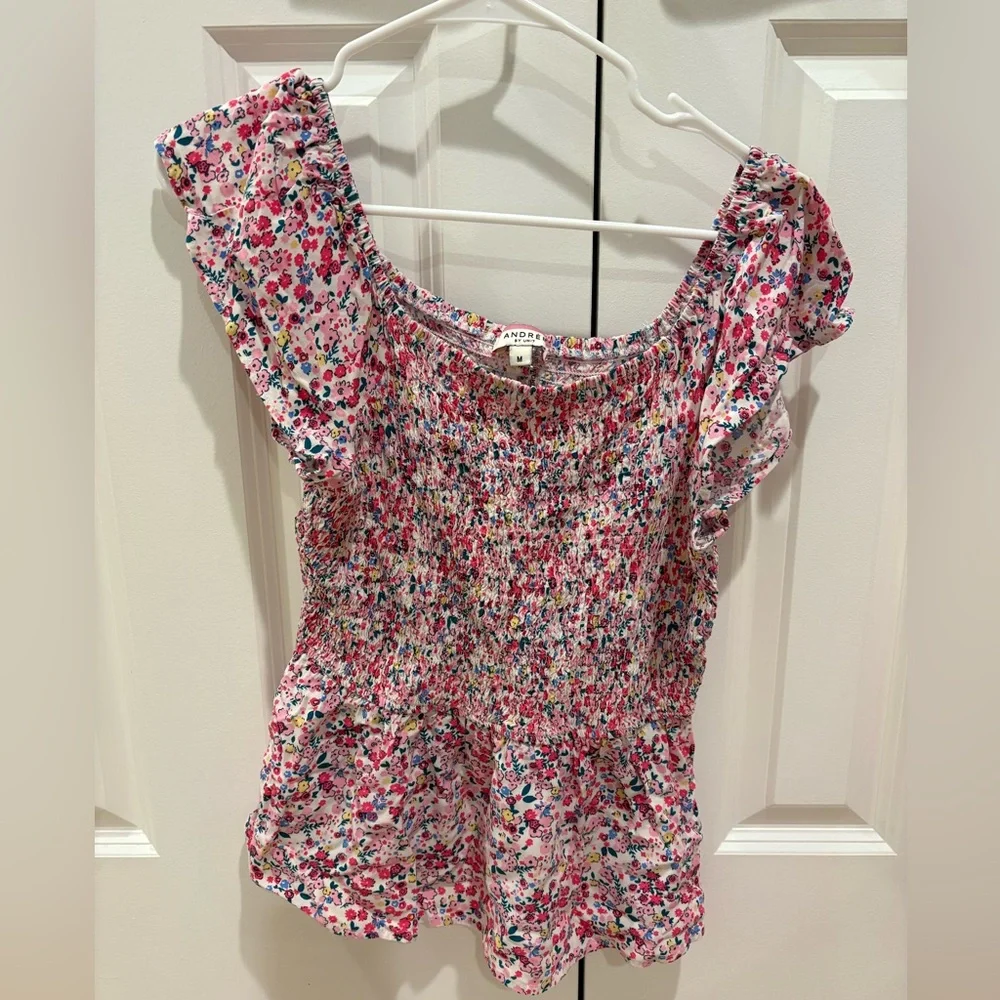 Smocked Multicolored Floral Top Size M - Picture 3 of 7